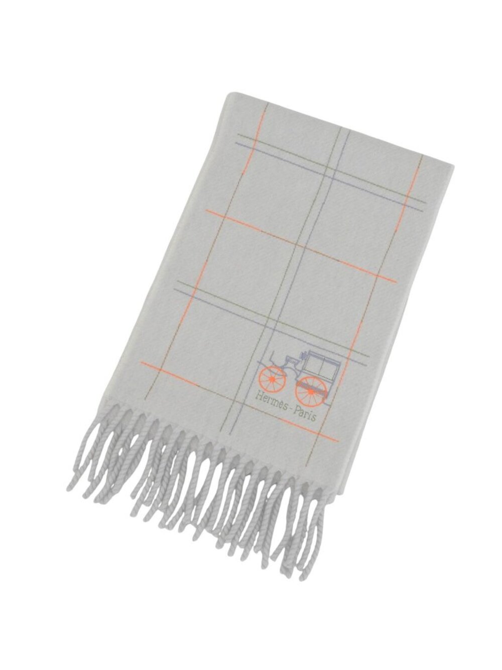 Hermes Cashmere 100% Logo Embroidery Scarf with Fringe Light Gray